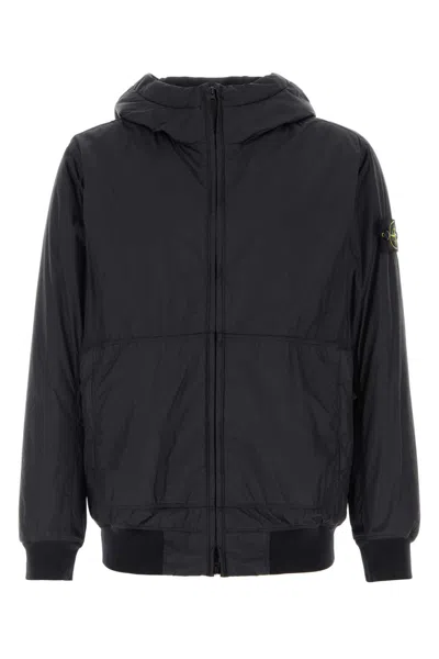 Stone Island Hooded Nylon Jacket Ribbed Cuffs Hem In Black