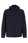 Stone Island Modern Black Leather Jacket With Hood And Zip Closure In Navyblue
