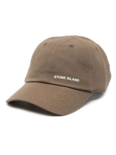 Stone Island Military Green Baseball Hat With Embossed Print In Brown