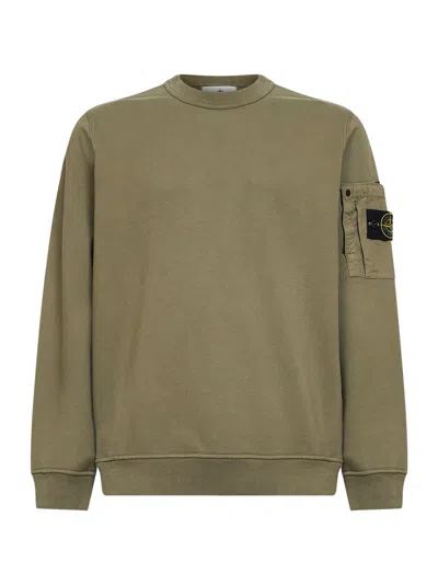 Stone Island Military Green Cotton Sweatshirt With Ripstop Cotton Pocket