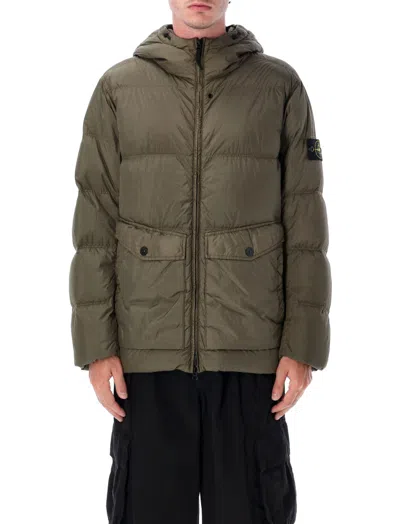 STONE ISLAND MILITARY GREEN CRINKLE HOODED PUFFER JACKET