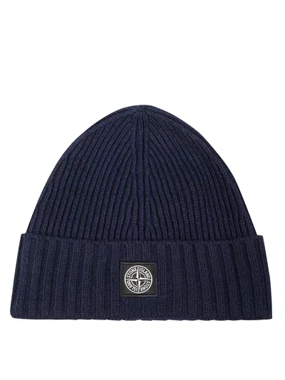 Stone Island Mini Badge Knit Beanie In Blue