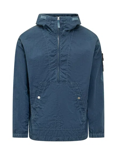 Stone Island Mini Jacket With Hood And Kangaroo Pocket In Blue