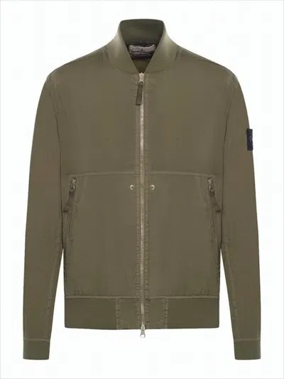 Stone Island Minimalist Brown Bomber Jacket With Ribbed Cuffs In Green