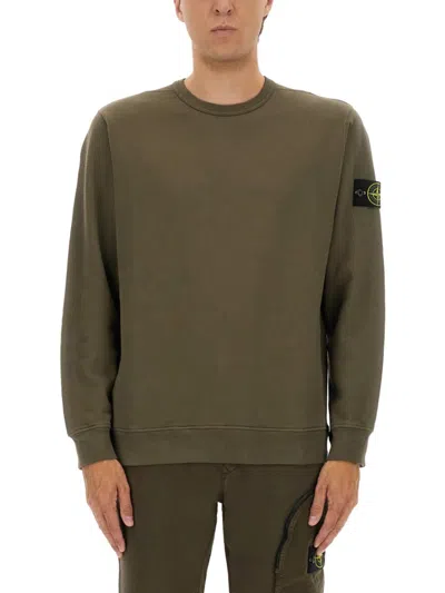 Stone Island Crew Neck Sweater Ribbed Cuffs In Green