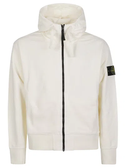 Stone Island Minimalist White Full-zip Hooded Sweatshirt