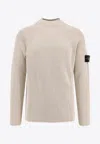 Stone Island White Sweater With Ribbed Design And Logo Patch On Sleeve In Virgin Wool Blend Man In Neutral