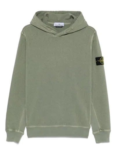 Stone Island Moss Green Hooded Sweater With Ribbed Cuffs And Logo Patch