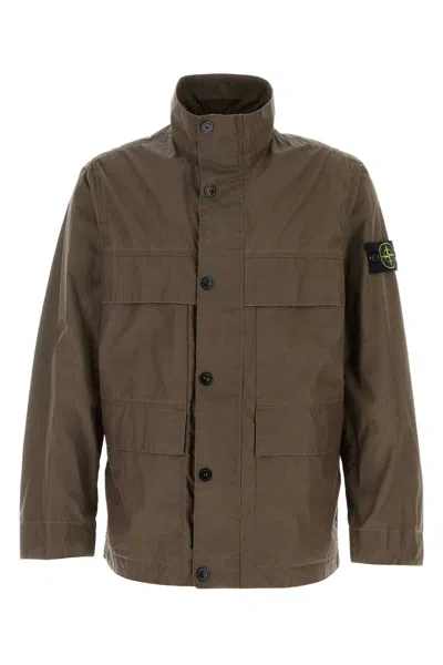 Stone Island Polyester Blend Jacket Front Pockets High Collar In Brown