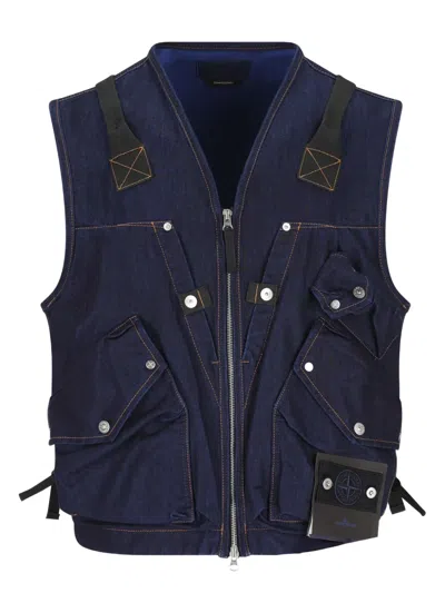 Stone Island Indigo Blue Zip Vest In Cotton Blend