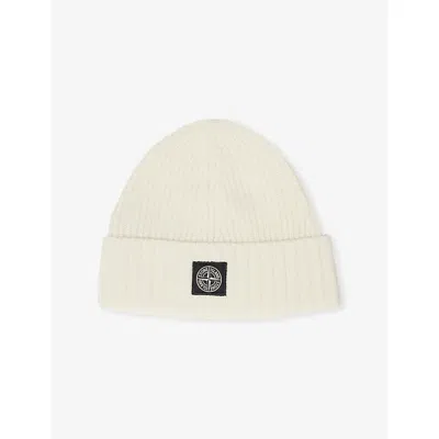 Stone Island Kids' Natural Ribbed Compass-patch Knitted Beanie Hat In Neutral