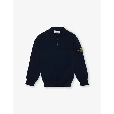 Stone Island Kids' Navy Blue Badge Long-sleeves Cotton-knit Polo Shirt 6-12