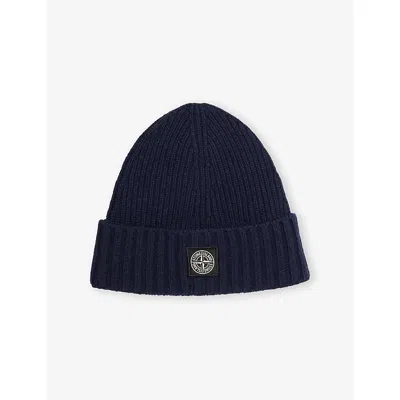STONE ISLAND NAVY BLUE BRAND-PATCH RIBBED KNITTED BEANIE 2