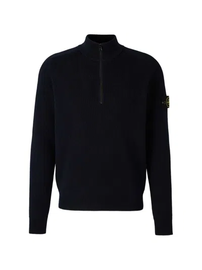 Stone Island Navy Blue Compass Patch Sweater In Black