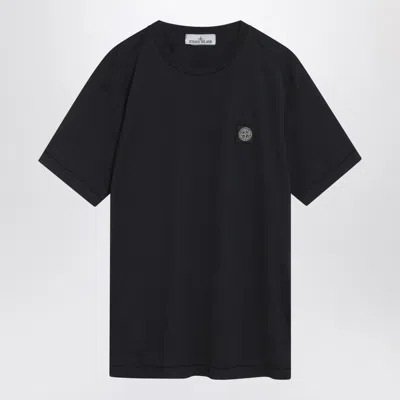 Stone Island Navy Blue Cotton T-shirt With Logo Patch In Black