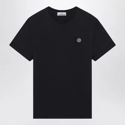 Stone Island Navy Blue Cotton T-shirt With Logo Patch Men In Black