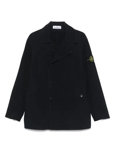 Stone Island Navy Blue Double-breasted Poly-tc Jacket In Black