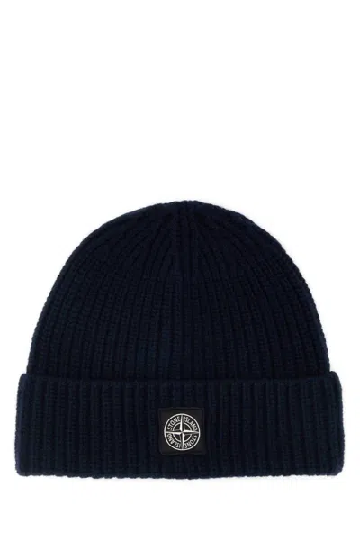 Stone Island Navy Blue Logo Beanie Hat In Gold