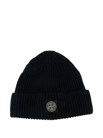Stone Island Navy Blue Logo Patch Beanie Hat In Black