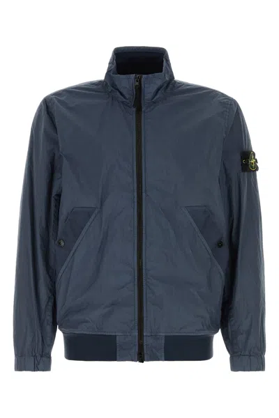 Stone Island Nylon Bomber Jacket Elastic Cuffs Stand Collar In Blue