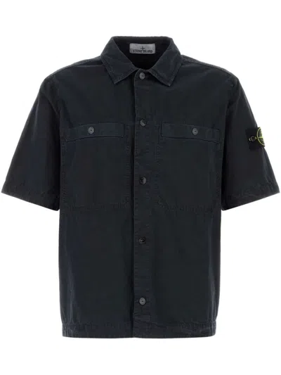 Stone Island Navy Blue Short-sleeve Shirt With Classic Collar And Button Fastening