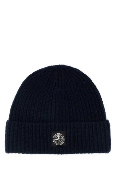 Stone Island Navy Blue Wool Beanie In Black