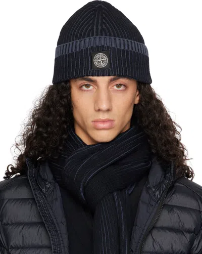 Stone Island Navy Contrast Knitted Badge Beanie In V0020 Navy Blue