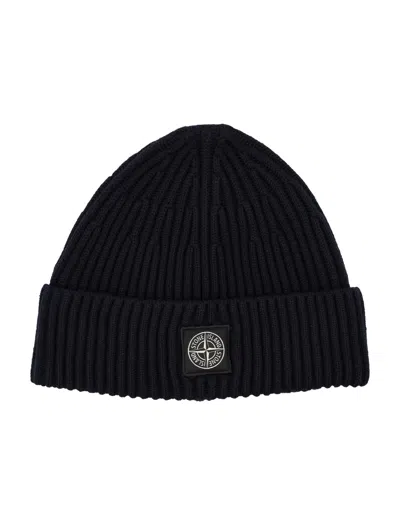 Stone Island Navy Wool Beanie With Compass Patch In White
