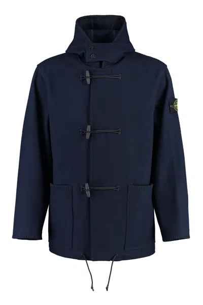 Stone Island Navy Wool Blend Jacket With Removable Logo Patch For Men In Black