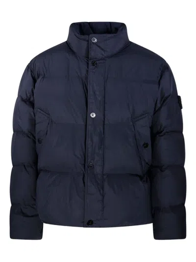 Stone Island Short Nylon Down Jacket High Collar In Blue