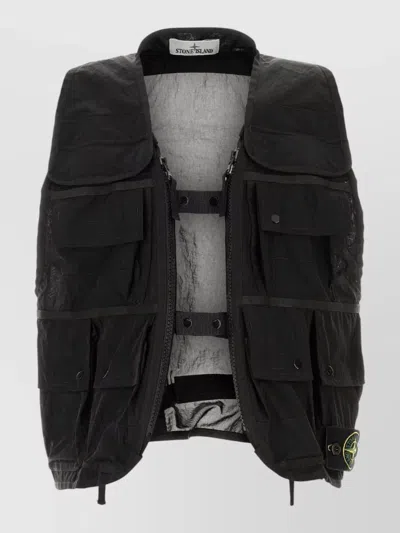 Stone Island Nylon Vest Adjustable Straps Multiple Pockets In Black