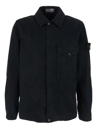 Stone Island Black Casual Jacket With Classic Collar And Signature Patch