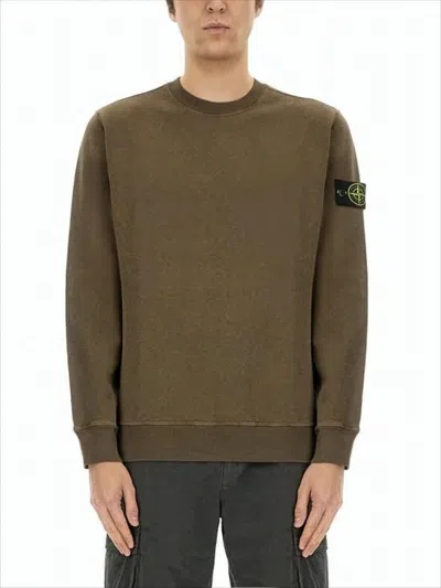 Stone Island Olive Green Long-sleeve Sweatshirt With Ribbed Cuffs And Compass Patch In Brown