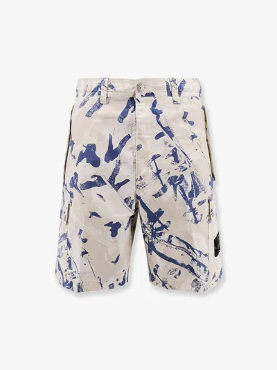 Stone Island Organic Cotton Cargo Bermuda Shorts With Print In Beige