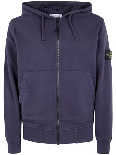 Stone Island Organic Cotton Fleece Garment Dyed Hoodie Sweater In Blue