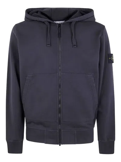 Stone Island Organic Cotton Fleece Garment Dyed Hoodie Sweater In Blue
