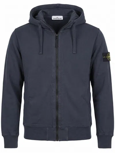 Stone Island Cotton Zip-up Hooded Jumper With Drawstring And Compass Logo In Blue