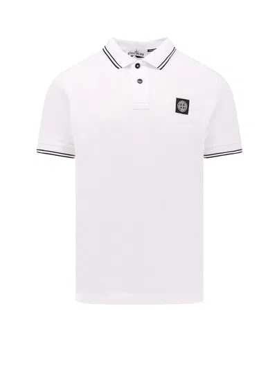 Stone Island Contrasting Trim Logo Patch Cotton Blend Polo Shirt In White