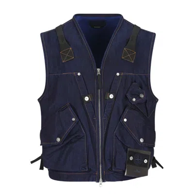 Stone Island Indigo Blue Zip Vest In Cotton Blend