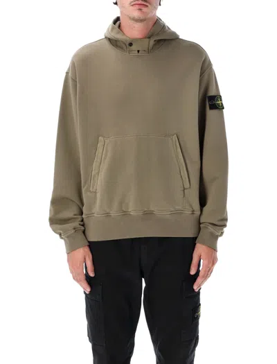 Stone Island Oversized Brushed Cotton Hoodie With Snap Collar In Brown
