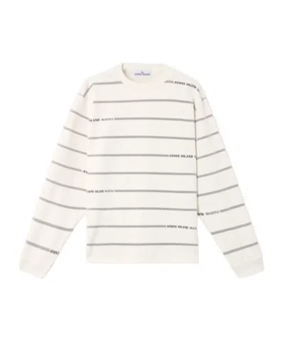 Stone Island Oversized Fit Crewneck Sweatshirt With Stripes And Lettering In Ivory
