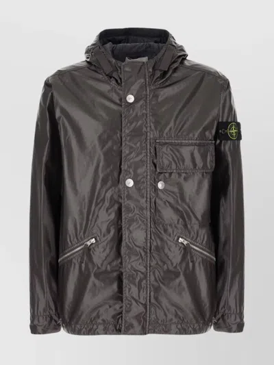 Stone Island Padded Cotton Jacket With Hood And Shiny Finish In Black