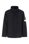 Stone Island Boxy Black Padded Jacket With High Collar And Distinctive Patch In Blue