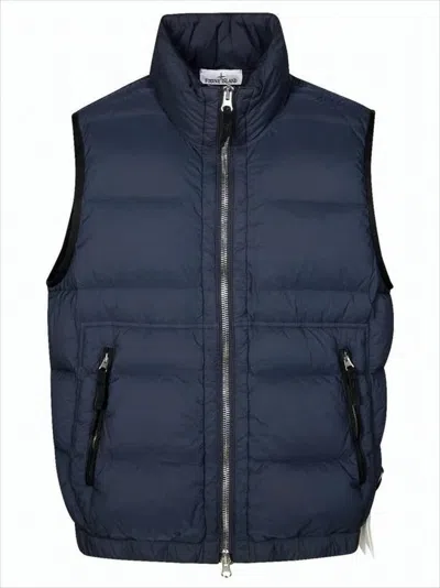 Stone Island Padded High Stand Collar Vest With Quilted Detailing In Blue