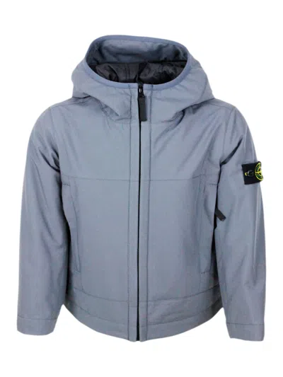 Stone Island Kids' Padded Jacket With Hood In Technical Fabric Made With Recycled Bottles E.dye Technology With Primalo In Grigio