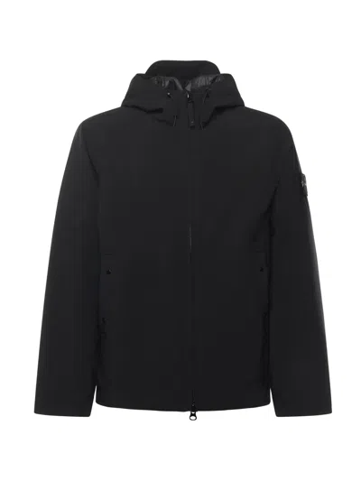Stone Island Black Padded Jacket With Hood And Logo Patch