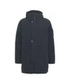 Stone Island Long Insulated Padded Jacket With High Collar And Hood In Blue