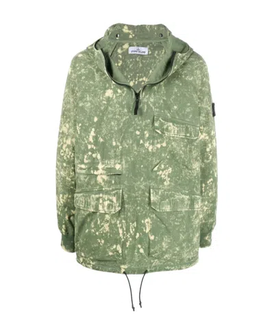 Stone Island Paint-splatter Hooded Windbreaker In Green