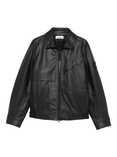 Stone Island Panelled Zip-fastening Leather Jacket In Black