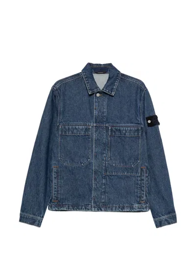 Stone Island Patch Chest Pockets Denim Jacket With Concealed Snap, Vertical Welt Hand Pockets & Cuff In Blue